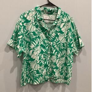 Nicole Miller Womens Linen Shirt L Large Green White Boxy Beachy Resort Tropical